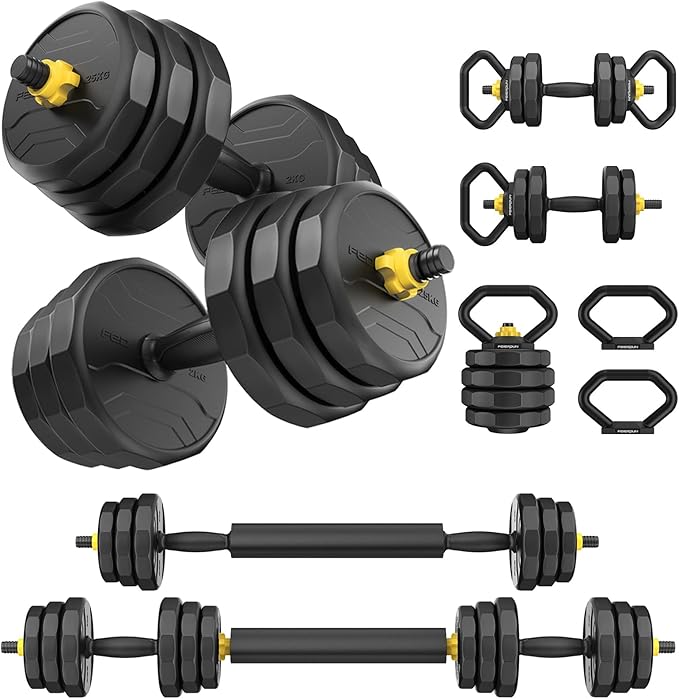 FEIERDUN Adjustable Dumbbells, 20/30/40/45/70/90lbs Free Weight Set with Connector, 5 in1 Dumbbells Set Used as Barbell, Kettlebells, Push up Stand, Weight Plate, Fitness Exercises for Home Gym Suitable Men/Women