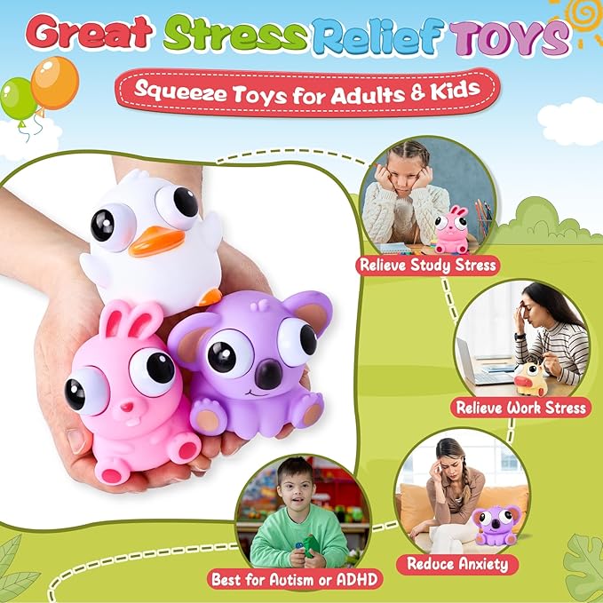 8 Pack Animal Squishy Fidget Toys, Cute Squishies Toys for Kids Adults, Pop Out Eyes Toy, Popping Eye Stress Relief Toy, Easter Basket Stuffers, Party Favors, Goodie Bag Stuffers and Classroom Prizes