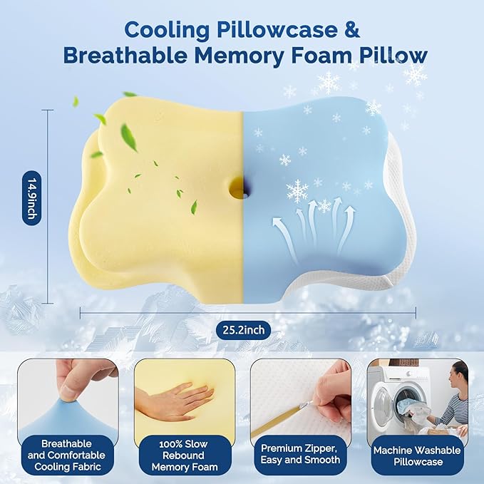 Cervical Neck Pillow, Ergonomic Side Sleeper Pillow for Neck Support, Cooling Memory Foam Pillows for Sleeping, Contour Orthopedic Bed Pillows for Side Back Stomach Sleepers with Removable Pillowcase
