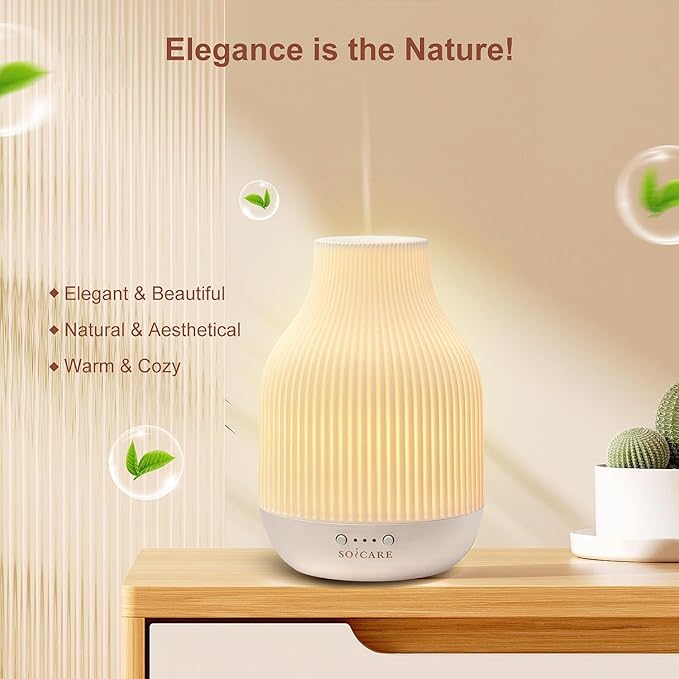 SOICARE Elegant Ceramic Diffuser for Essential Oils with Solid Wood Base,Stone Aromatherapy Essential Oil Diffusers for Home Office Room Decor Gift (180ML)