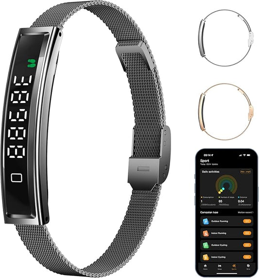 Smart Bracelet,Activity&Fitness Trackers,Touch Screen/Sleep Tracker/Heart Rate/Blood Oxygen,5ATM Waterproof,Multiple Sports Modes,Free App for iOS Android (Steel Belt, Black)