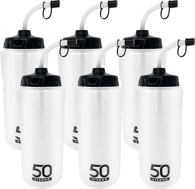 50 Strong 1 Liter BPA-Free Plastic Round Sports Water Bottle with Straw - 6 Pack
