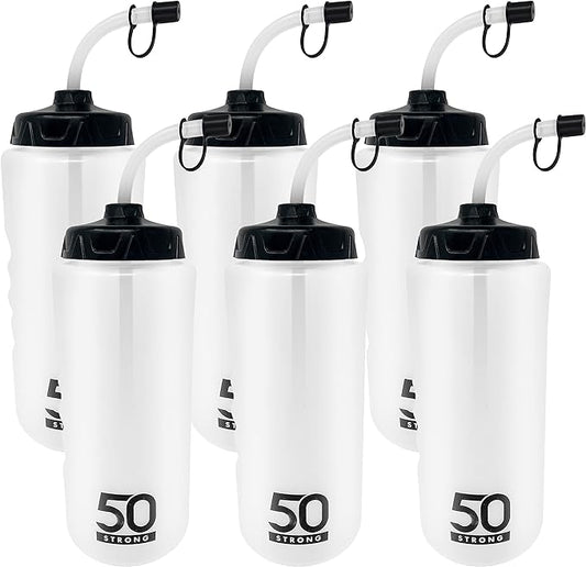 50 Strong 1 Liter BPA-Free Plastic Round Sports Water Bottle with Straw - 6 Pack