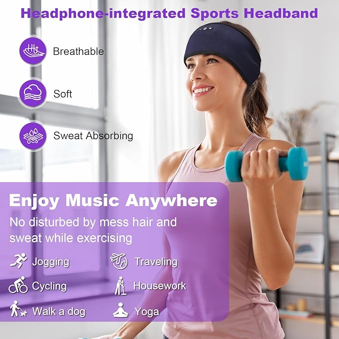 Sleeping Headphones Headband with Adjustable Hook and Loop, Bluetooth Headband Headphones for Sleeping Workout Running Yoga Gift - Unisex Purple