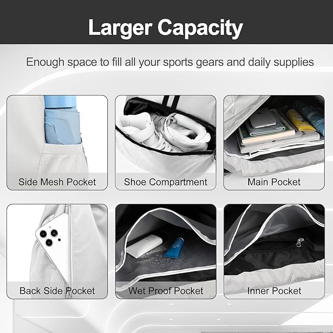 Hoedia Sports Drawstring Backpack - String Swim Gym Bag with Shoes Compartment and Wet Proof Pocket for Women and Men