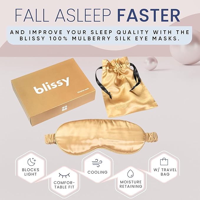 Blissy Silk Sleep Mask - Silk Eye Sleeping Mask for Women & Men for Total Blackout - 100% Pure Mulberry Silk, 22 Momme 6a Fibers - Blindfold Silk Sleep Mask Side Sleeper Eye Cover (Gold)