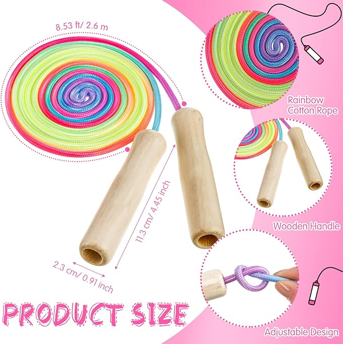 24 Pcs Jump Ropes Bulk 8.53 ft Rainbow Cotton Skipping Ropes with Wooden Handle for Exercise Physical Christian Charity Donation Operation Christmas Supplies