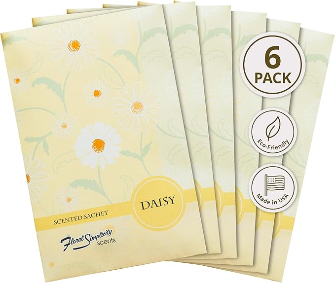Daisy Scented Sachets Pack of 6, Spring and Summer - Long-Lasting Scented Bags, Home Fragrance, Air Freshener & Deodorizer for Closet, Room, Drawer, or Cars, Made in USA
