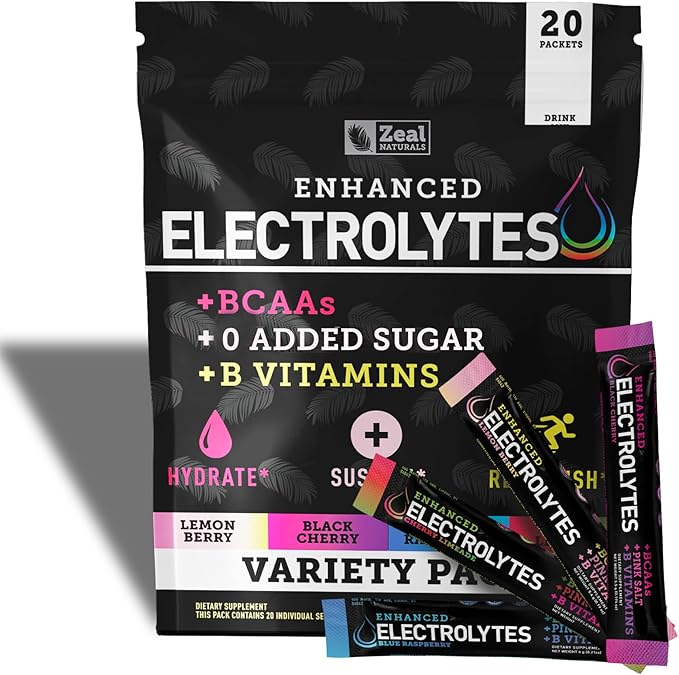 Zeal Naturals Enhanced Electrolyte Powder Stick Packs (Variety Pack - 20 Packets) Sugar Free + BCAA B-Vitamins & Pink Himalayan Salt - Keto Electrolytes, Hydration Powder