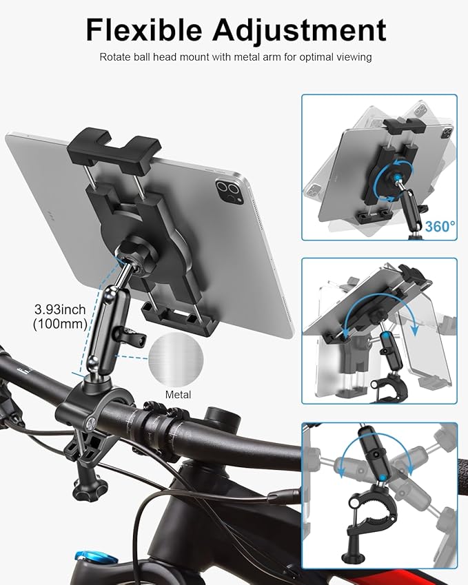 Bike Tablet Mount, Super Stable Handlebar Motorcycle Tablet Holder with Metal Arm, Scooter Bicycle Tablets Clamp with 360 Degree Adjustable for iPad Pro Air Mini, iPhone, Galaxy Tab, 4.7-13" Devices