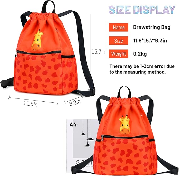 Giraffe Drawstring Back Kids Drawstring Bags Rainbow Gym String Backpack Bulk for Girls Boys Dance Waterproof Nylon Sports Giraffe One Size Orange