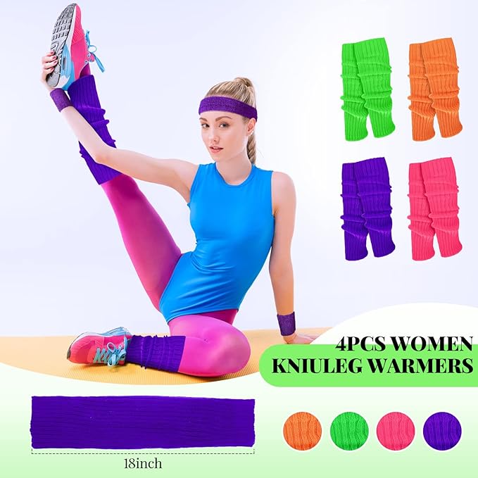Haysandy 4 Sets 80s 90s Leg Warmers Set for Women Costume Neon Headband Rainbow Wristbands for Sport Yoga Workout Clothes
