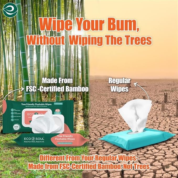 ECO SOUL Bamboo Flushable Extra-Large Adult Wipes - Unscented, 384 Count (8 Pack of 48) - Eco-Friendly Bamboo Wipes, 99% Purified Water, Hypoallergenic, Soft, BPA & Paraben Free