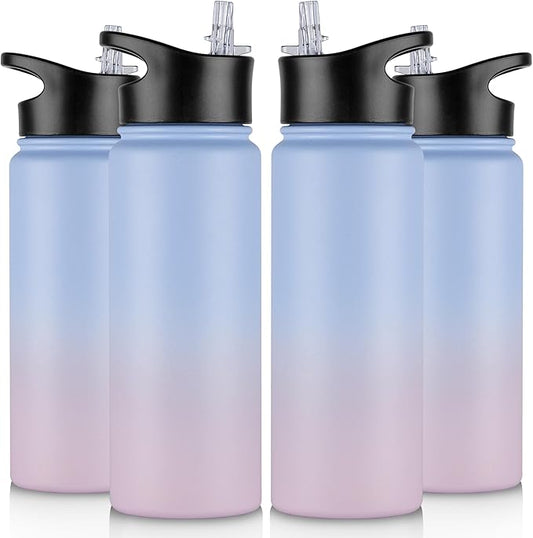 24 oz Insulated Water Bottle Bulk 4 Pack, Stainless Steel Sports Water Bottles with Straw Lid & Wide Mouth Lids, Double Walled Vacuum, Leak Proof, Pink Blue Gradient