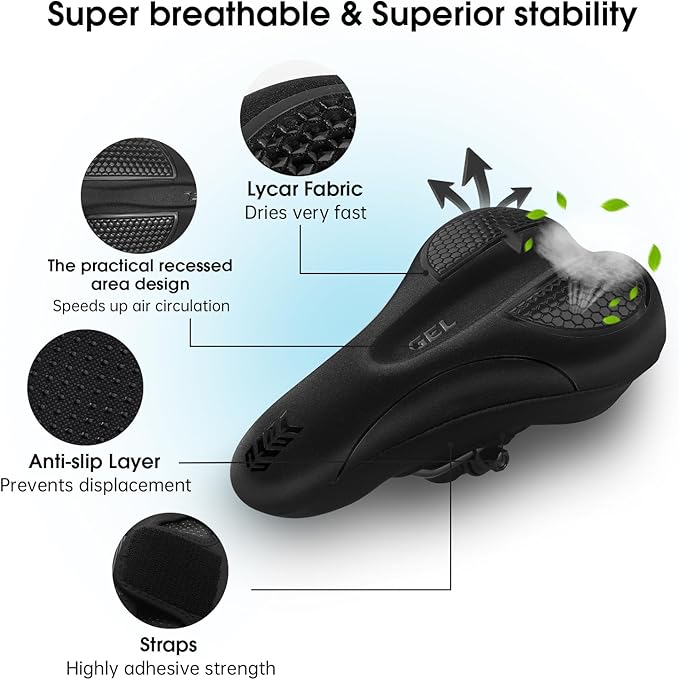 Bike Seat Cushion - Gel Bike Seat Cover Padded for Men & Womens Comfort, Soft Bicycle Saddle Compatible with Exercise Bike, for Indoor and Outdoor Cycling(Black)