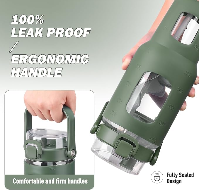 BLUEGO 40 oz Glass Water Bottles with Straw Time Marker, Glass Tumbler with Handle Top Lids, Easy to Clean, Fits in Car Cup Holder, Leakproof Jug for Gym, Sports, Workout & Daily, 02 Olive