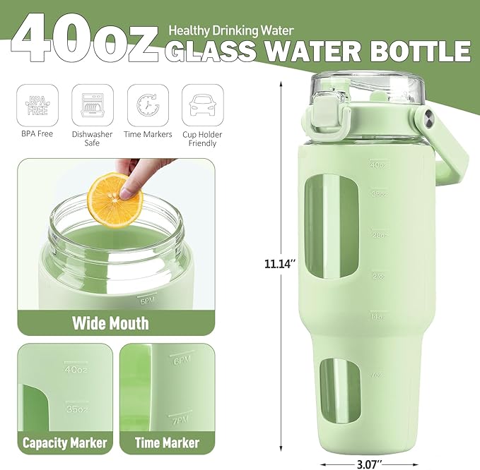 BLUEGO 40oz Glass Tumbler with Lid and Straw, Glass Water Bottles with Handle, Glass Cup with Time Marker and Silicone Sleeve, Fits Most Cup Holder, Leak-proof, Green