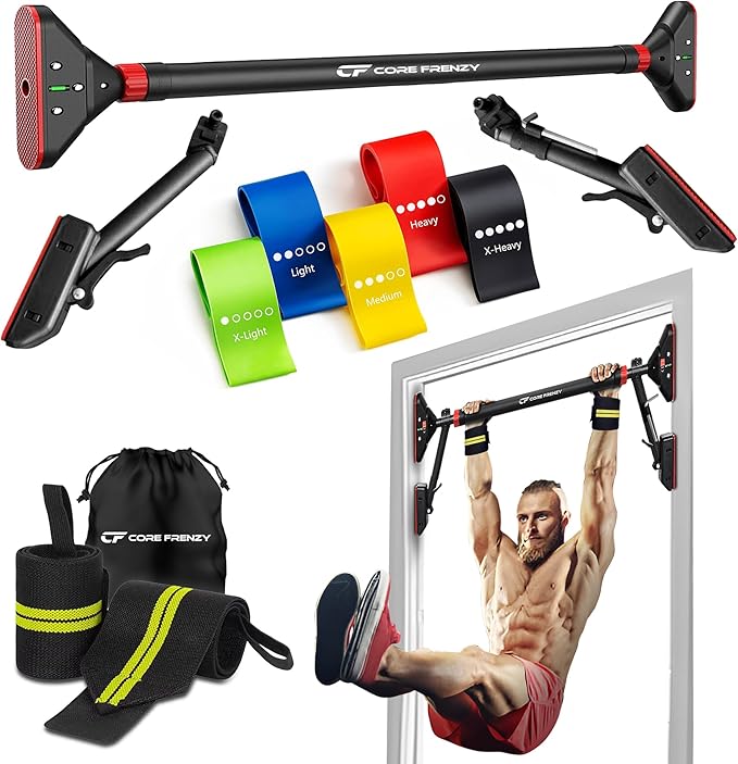 Pull Up Bar for doorway With Resistance Bands, No Screw Installation, Chin Up Bar for Upper Body Workout & Exercise, 29.9"-37.5" Adjustable Width Locking Mechanism, Max weight Hold 880 lbs