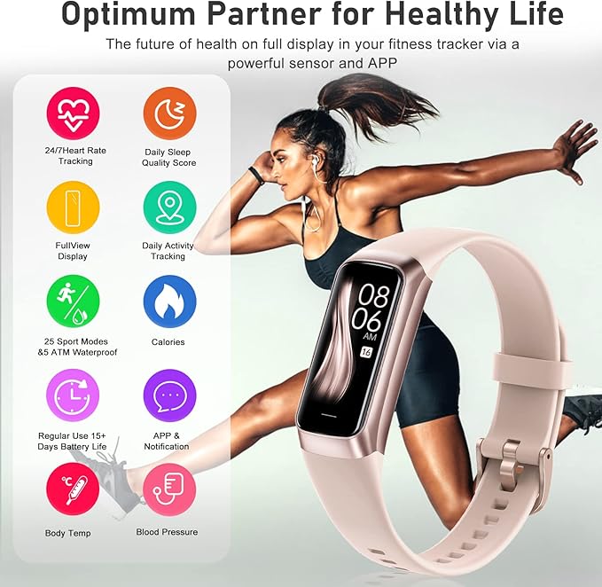 Fitness Tracker with 24/7 Heart Rate, Blood Oxygen Blood Pressure Sleep Monitor, Activity Trackers 5 ATM Waterproof,Step Calorie Counter Pedometer Health Smart Watch for Women Men Pink