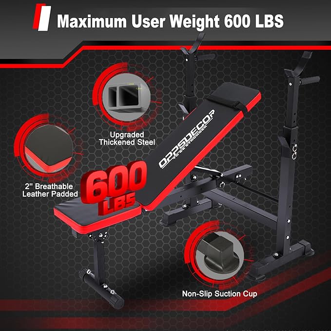 OPPSDECOR 6 in 1 660lbs Weight Bench with Leg Extension and Leg Curl, Foldable Bench Press Set and Squat Barbell Rack with Preacher Curl, Adjustable Workout Bench for Home Gym Strength Training PXZXYX1