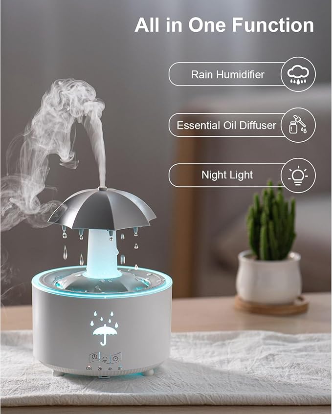 Humidifier for Bedroom, 7-Colors Led Rotating Umbrella Waterfal Humidifier with Water Droplet, 300ML Cute Desk Humidifier Aroma Diffuser with Remote,Timer Settings, Auto Shut-Off