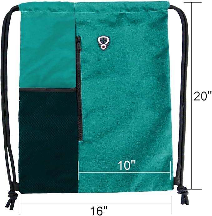BeeGreen Marrs Green Drawstring Backpack Gym Bag For Men & Women – Sports Sackpack with Mesh Water Bottle Holder & 2 Zippered Pockets – Large 16x20 Inch Cinch String Backpack