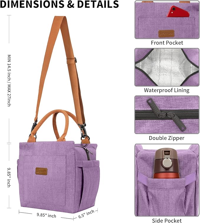 Joymee Lunch Bag Women Insulated Lunch Box with Adjustable Shoulder Strap Large Reusable Leakproof Spacious Cooler Tote for Women Men Adult with Bottle Holder and Side Pockets - Purple