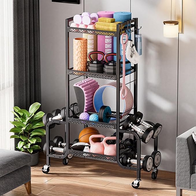 Dumbbell Rack, Adjustable Weight Rack with Hooks and Rolling Wheels, Workout Equipment Storage, Home Gym Storage for Dumbbell Yoga Mat Foam Roller Kettlebells Resistance Bands