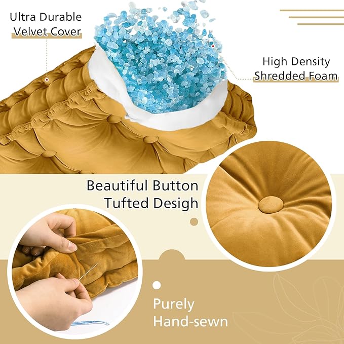 Bench Cushions for Indoor Furniture 42x16 in Velvet Kitchen Dining Piano Window Seat Cushion, Tufted Patio Porch Swing Thicken Bench Pad Memory Foam(Yellow)