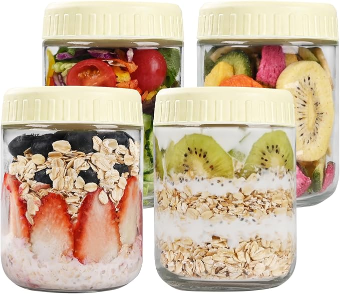 Overnight Oats Containers with Lids, 16oz Glass Jars with Lids 4 pcs, Milk White, Wide Mouth Mason jars for Salad, Yogurt, Snacks, Meal Prep