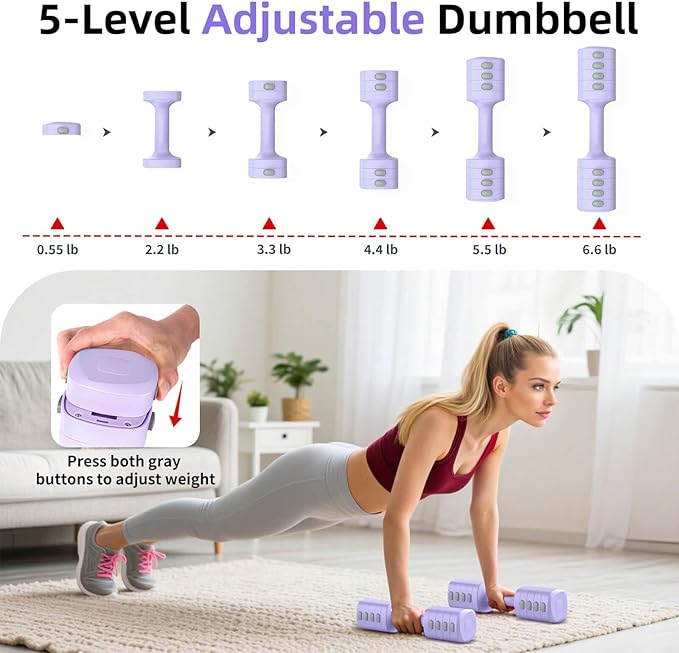 2-in-1 Adjustable Dumbbell Set, Upgraded 5 Levels Heavier Hand Weights for Women Men, Each 2.2/3.3/4.4/5.5/6.6lb, Convertible Weights Dumbbells and Kettlebell Set for Home Gym Exercise & Fitness