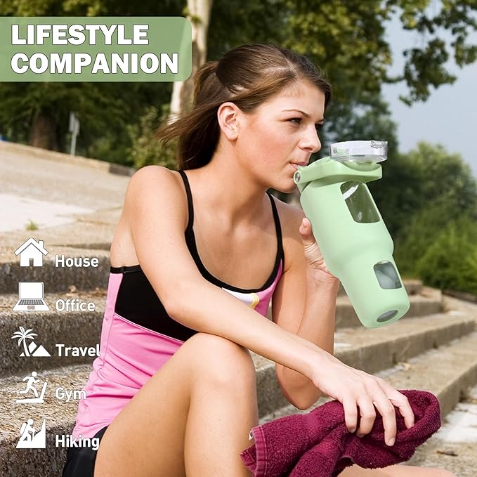 BLUEGO 40 oz Glass Water Bottles with Straw Time Marker, Glass Tumbler with Handle Top Lids, Easy to Clean, Fits in Car Cup Holder, Leakproof Jug for Gym, Sports, Workout & Daily, Green