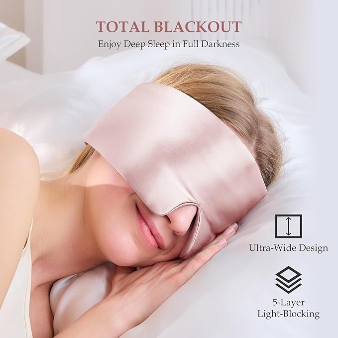 100% Mulberry Silk Sleep Mask, Large Size Travel Eye Masks for Side Sleepers, Adjustable Sleeping Mask for Women and Men, 100% Blackout Eye Mask for Sleeping Soft Pink