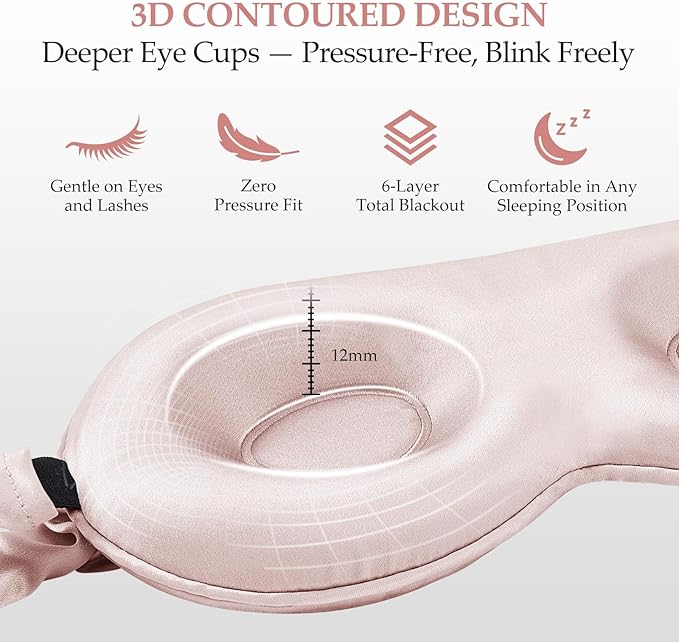 100% Mulberry Silk Sleep Mask for Unisex, 22 Momme 3D Silk Contoured Eye Mask, Breathable Light Blocking Blindfold with Adjustable Strap, Blackout Eye Cover for Travel, Pink