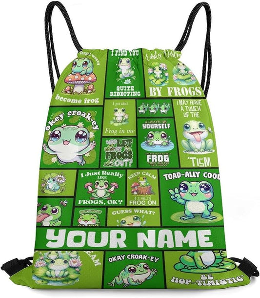Custom Frog Drawstring Backpack - Cute Cinch Sack, String Backpacks for Kids Women Men Boys Girls for Gym Outdoor Sports Travel Athletic Drawstring Bag - Lightweight/Foldable