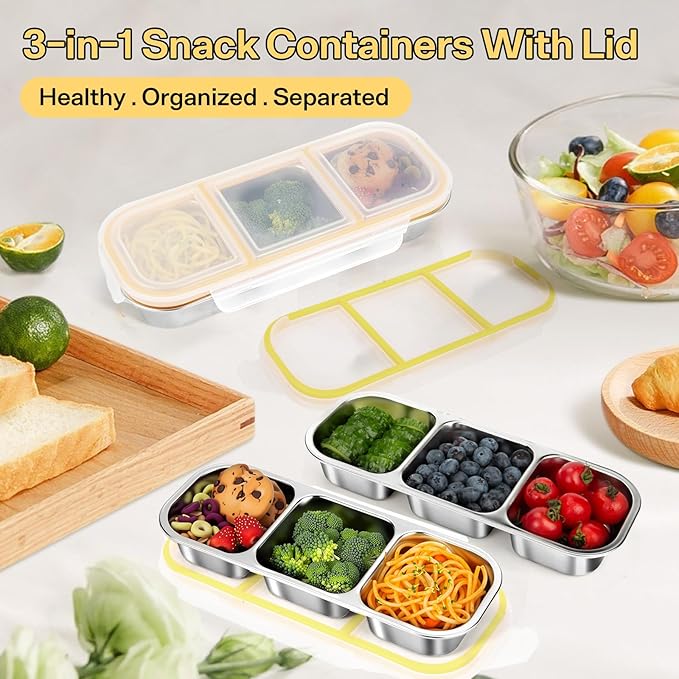 Stainless Steel Snack Containers, Reusable Snack Containers with Lids Stainless Steel Lunch Box with 3 Compartment Divided Food Storage for Home Work Travel Outdoor Camping (Yellow 3 Pack)