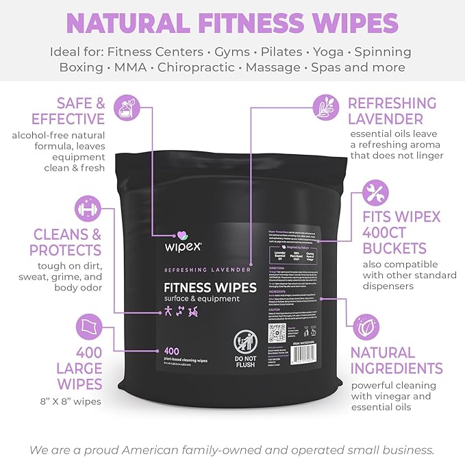 Wipex Gym Wipes Bucket Refill Plant-based Fitness Equipment Cleaner, Lavender and Vinegar to Clean Surfaces, Safe Yoga Mat and Peloton Cleaner, 400 Count (Pack of 2)