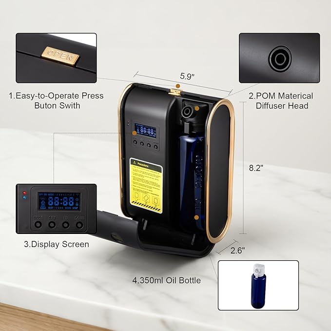 Home Bluetooth Smart Waterless Aromatherapy Machine, Essential Oil Diffuser, with Fragrance Coverage of up to 2000 Square feet, Suitable for Home, Hotel, Restaurant, Office, and spa Center.（Black）