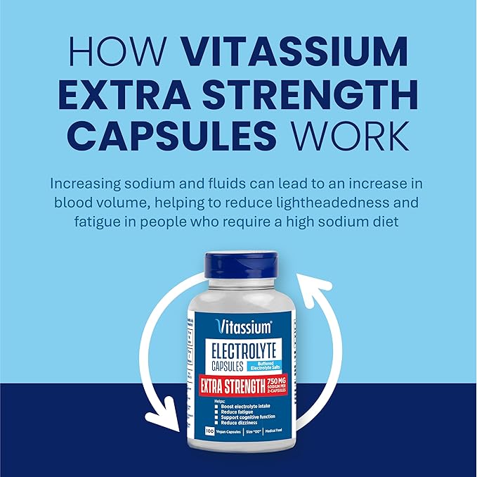 Vitassium Extra Strength Electrolyte Capsules, 750mg of Sodium for The Management of POTS and High Sodium Diets, Unflavored, 100 Salt Pills (Size 00)