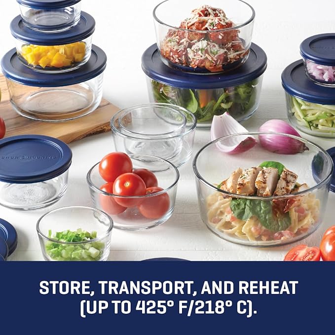 Anchor Hocking 26 Piece Glass Storage Containers with Lids (13 Glass Food Storage Containers & 13 Navy Blue SnugFit Lids)