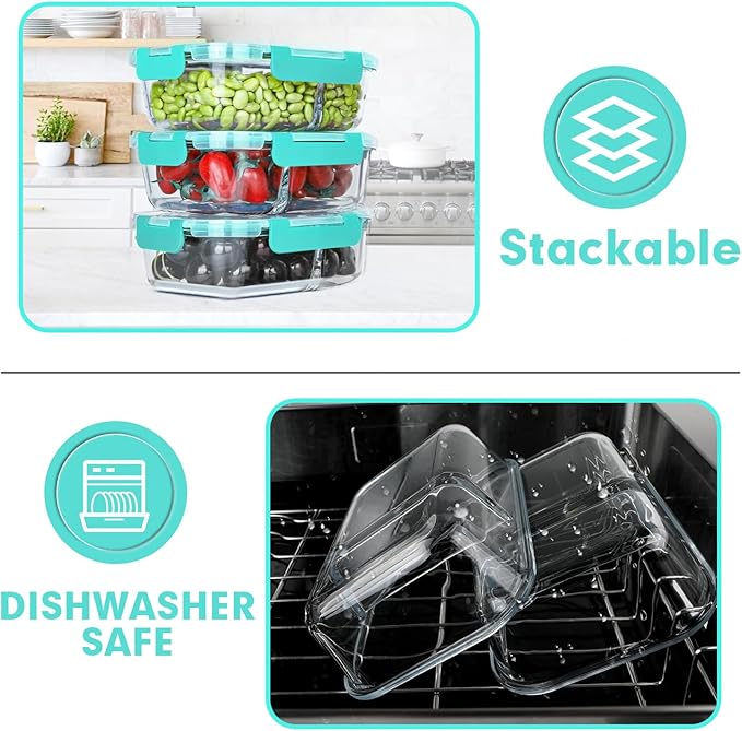 VERONES 10 Pack Glass Meal Prep Containers - 2 Compartment Set, 30 OZ Airtight Glass Lunch Containers with Lids, for Microwave, Oven, Freezer & Dishwasher Friendly, Green