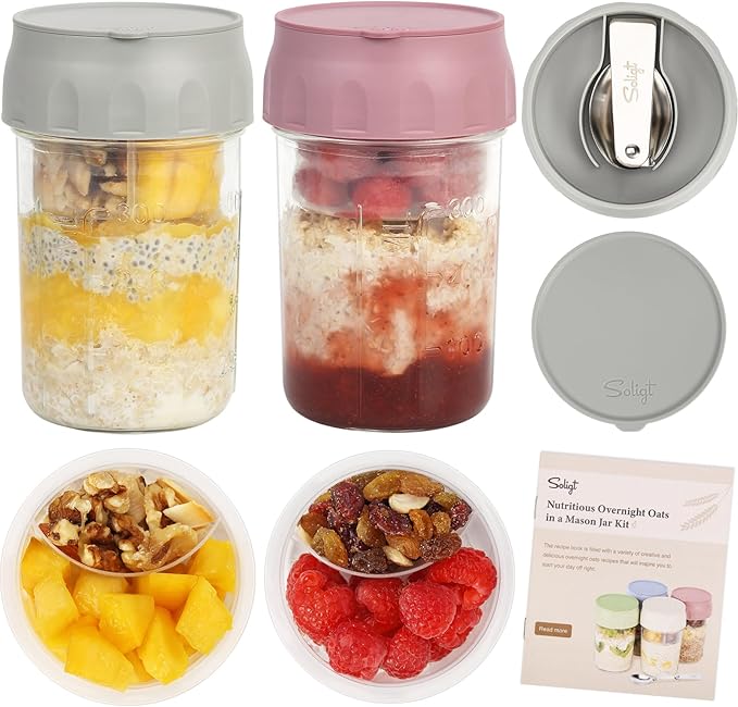 SOLIGT 2 Pack Overnight Oats Containers with Lids, Folding Spoons and Divided Compartments for Fruit & Nuts, Small Glass 16oz Mason Jars for Oatmeal Yogurt Parfait
