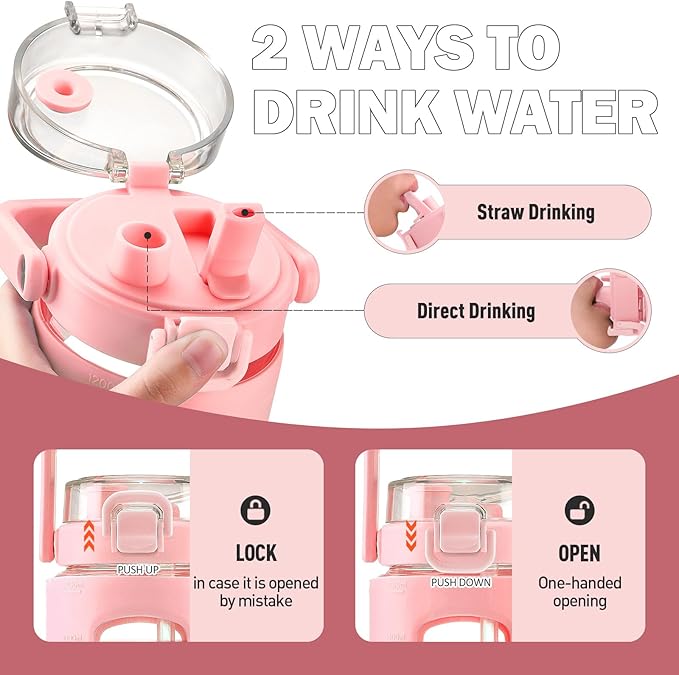 BLUEGO 40 oz Glass Water Bottle with Straw, Leakproof Glass Drinking Bottle with Time Marker and Silicone Sleeve, Wide Mouth Water Bottle for Travel, Gym, Workout, Pink