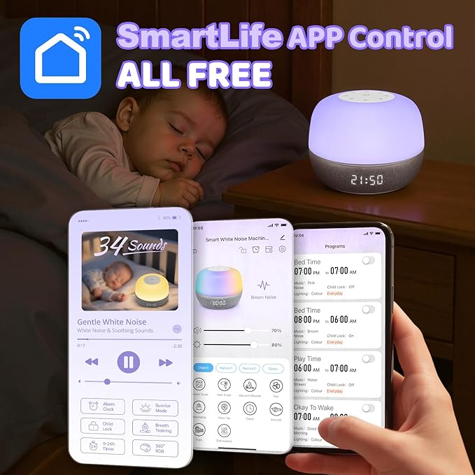 2025 Mom's Choice Awards | White Noise Sound Machine Baby with Sunrise Alarm & App Control – Sound Machine with 360 RGB Night Light, Sleep Soother for Adults & Kids, Baby Essentials for Newborns