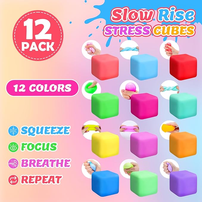 12 Pack Slow Rising Stress Cube, Dough Stress Balls Squishy Fidget Toys for Anxiety Relief, Soft Fidget Cube, Pull Stretch Squishy Toys for Classroom Prize, Party Favors for Kids Adults
