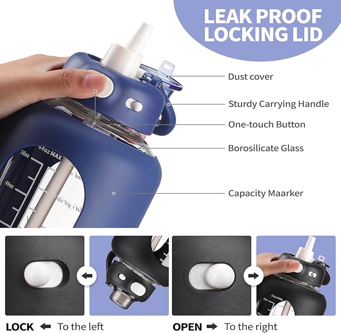 SIEROZUR 64 oz Glass Water Bottle with Straw and Handle Large Sports Motivational Water Bottle Flask with Time Marker Leakproof Water Jug with Silicone Sleeve for Gym