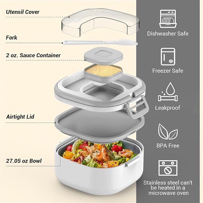 Single-Layer Bento Lunch Box for Kids & Adults with Removable Stainless Steel Lunch Container,Dressing Container,BPA-Free,Dishwasher Safe - Includes Utensil(White,Not Insulated)