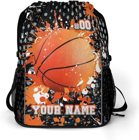 Custom Basketball Drawstring Backpack - Cool Cinch Sack, String Backpacks with Pocket for Kids Women Men Boys Girls for Gym Outdoor Sports Travel Athletic Drawstring Bag - Lightweight/Foldable