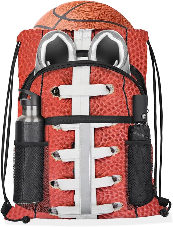 Football Laces Drawstring Backpack,Waterproof Sports Gym Bag with Shoes Compartment and Bottle Holder,Travel Tote Bags for Beach,Swimming,Yoga Gifts