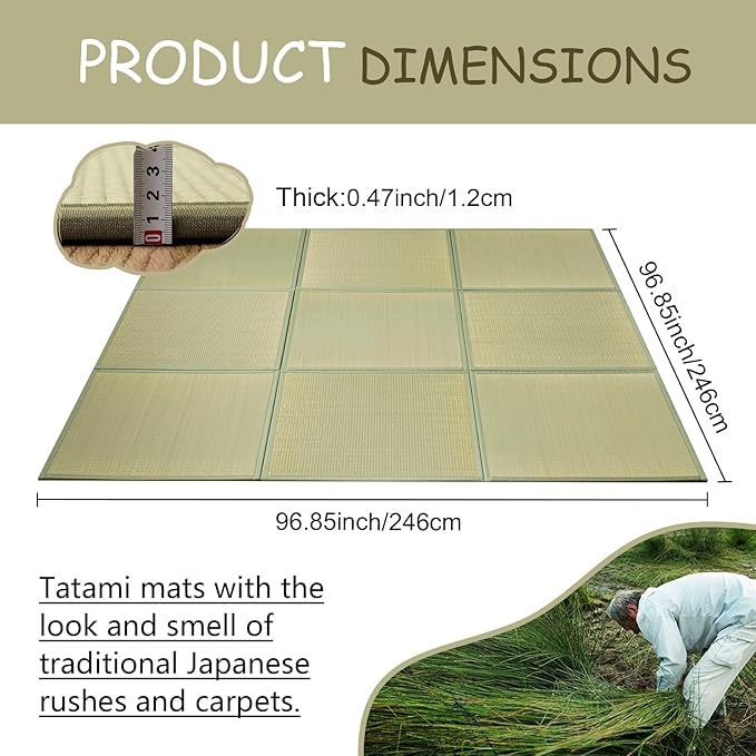 HAGiHARA Japanese Tatami Mat, Patchwork Tatami Floor Mats, 96" x 96" Foldable Square with Non-Slip Design for Bedroom, Crawling and Yoga, Made of Rush Grass, Igusa(with Edge/9 Picecs)